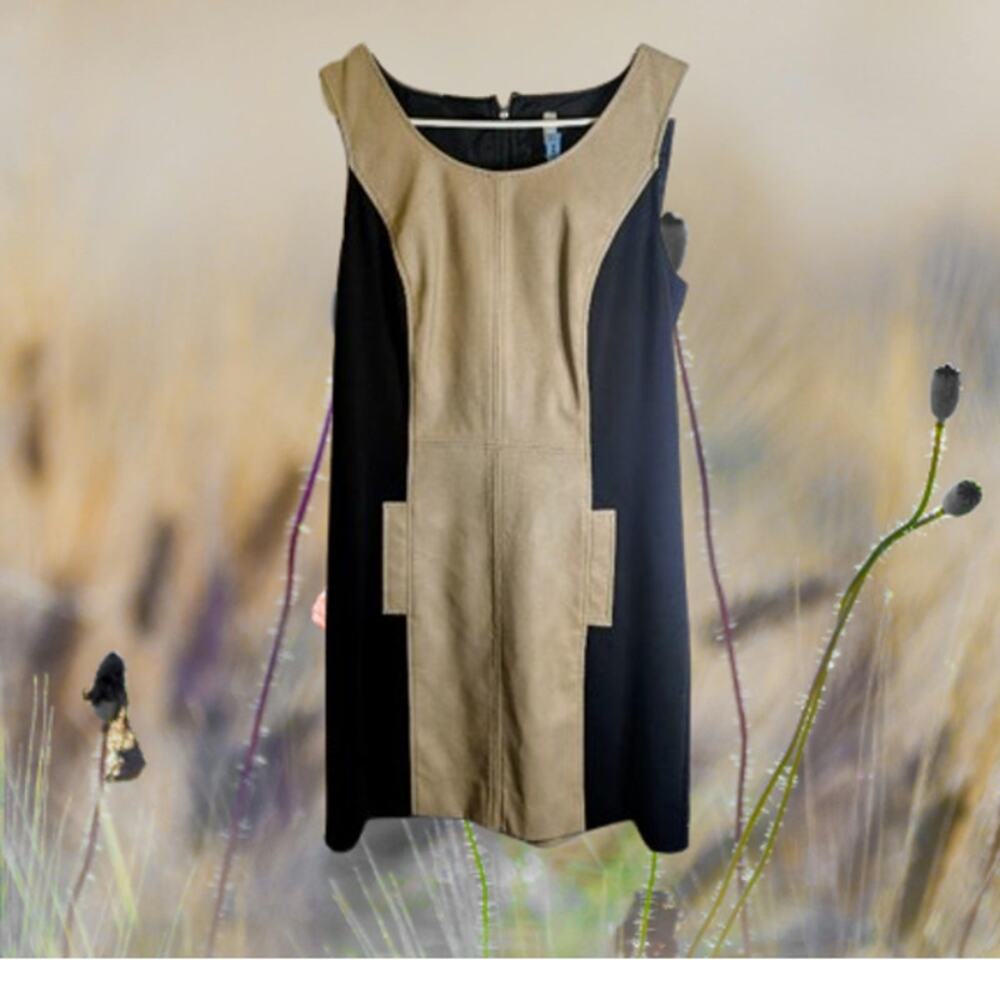 Kensie medium sleeveless faux leather insert lined black and tan woman's dress.